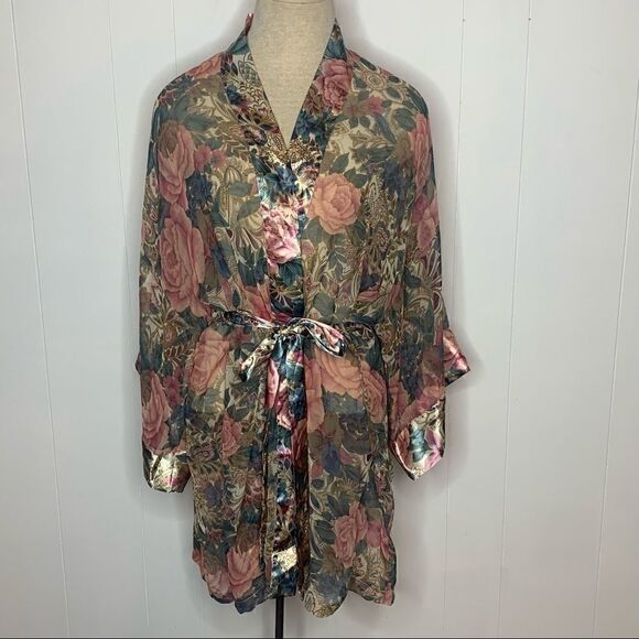 Victorias Secret Gold Label Semi Sheer Floral Robe with Satin Trim One Size - Picture 1 of 9
